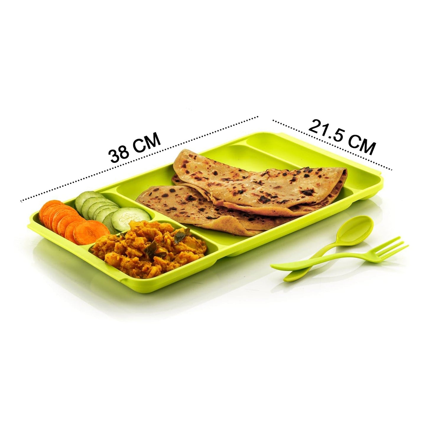 Plastic dinner plate with 4 compartments, spoon, and fork included